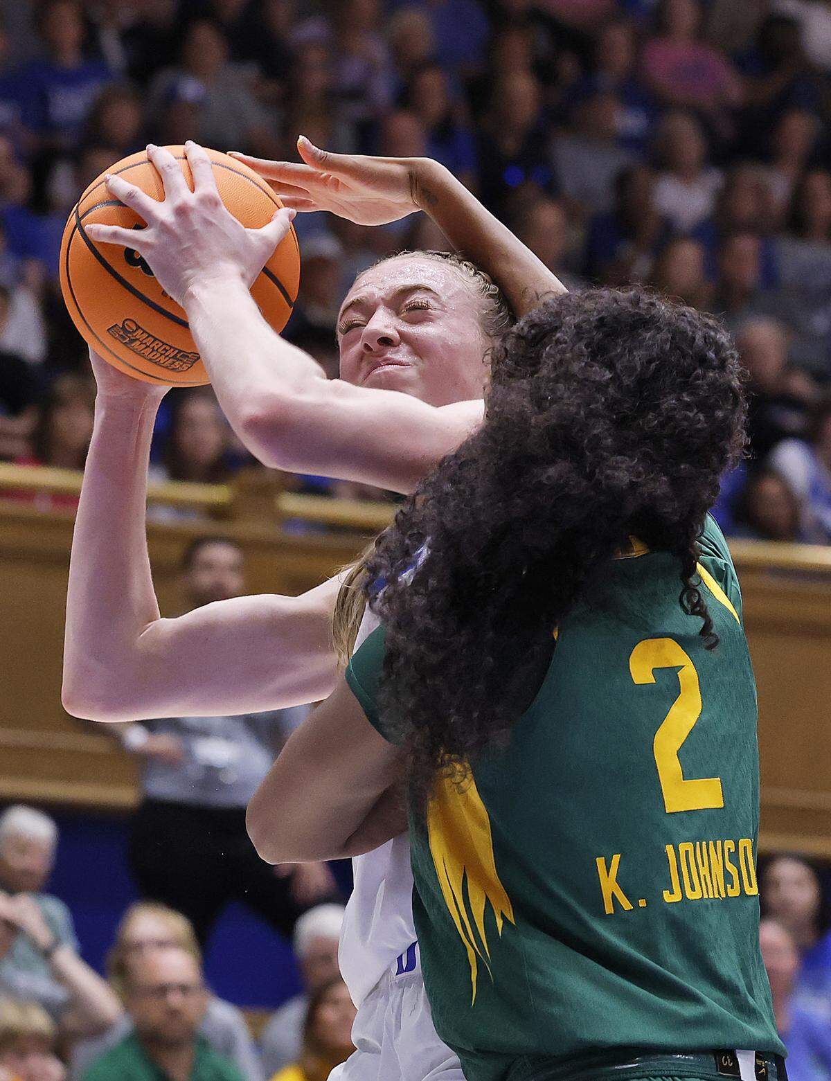 Duke’s Toby Fournier looks to shoot over Baylor’s Kiersten Johnson during the first half of the Blue Devils’ 69-46 second-round NCAA Tournament win on Sunday, March 22, 2026, at Cameron Indoor Stadium in Durham, N.C.