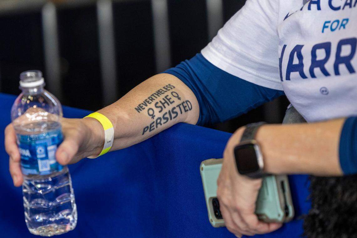 Supporters listen as Vice President Kamala Harris speaks during a rally at Coastal Credit Union Music Park at Walnut Creek in Raleigh on Wednesday, Oct. 30, 2024.