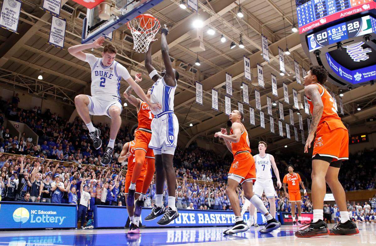 Duke’s Khaman Maluach (9) puts in two during Duke’s 89-54 victory over Miami at Cameron Indoor Stadium in Durham, N.C., Tuesday, Jan. 14, 2025.