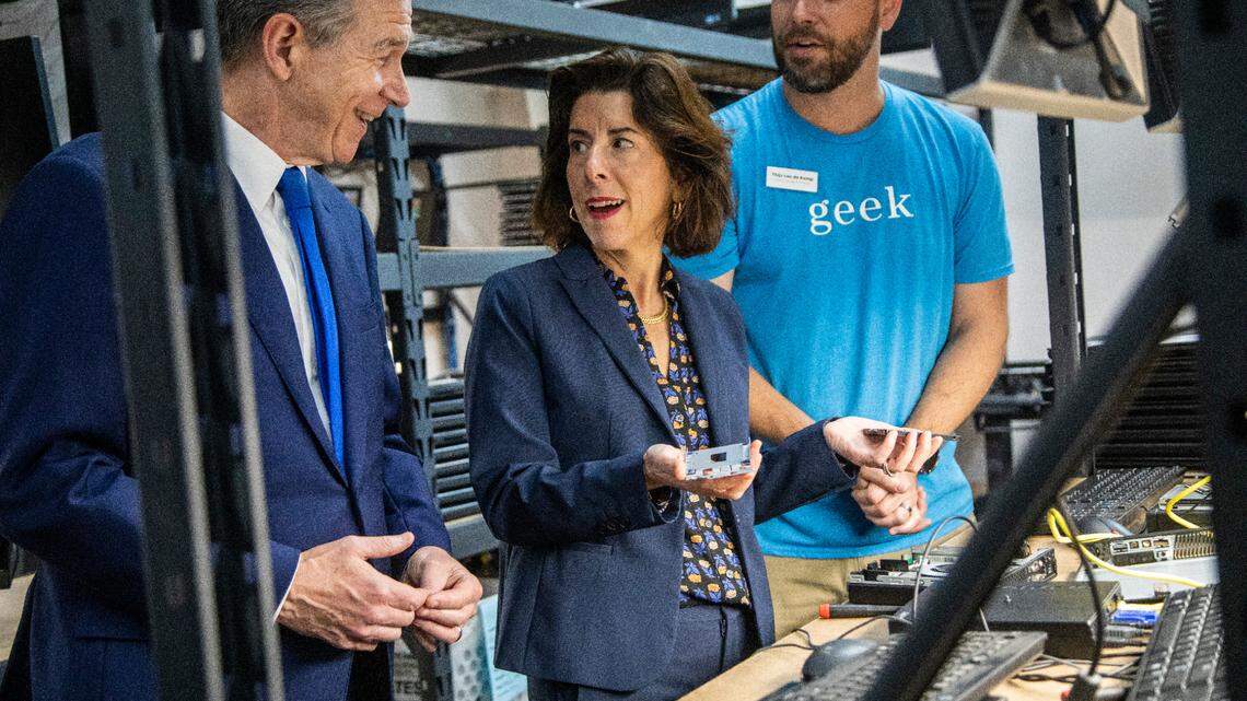 Gov. Roy Cooper and U.S. Secretary of Commerce Gina Raimondo tour Durham’s Kramden Institute Friday, May 13, 2022 where they announced the $45 billion Internet For All initiative, an expansion of affordable high-speed internet in North Carolina and across the country.