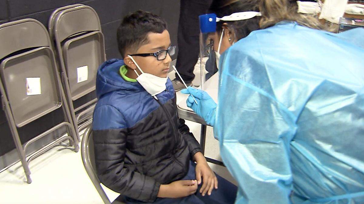 A Mako Medical worker tests a Stoney Point Elementary School student Nov. 15, 2021. Mako has been testing students and staff who volunteer to be tested at all of Cumberland CountyÕs schools since Sept. 27 and has found 16 positives out of tens of thousands of tests.