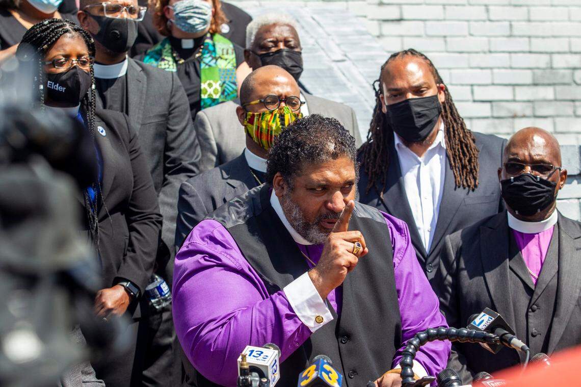 Rev. William Barber II speaks as the North Carolina NAACP and clergy urge state attorney general Josh Stein to take over the investigation into the police shooting death of Andrew Brown Jr. during a press conference at the Mt. Lebanon AME Zion Church in Elizabeth City.