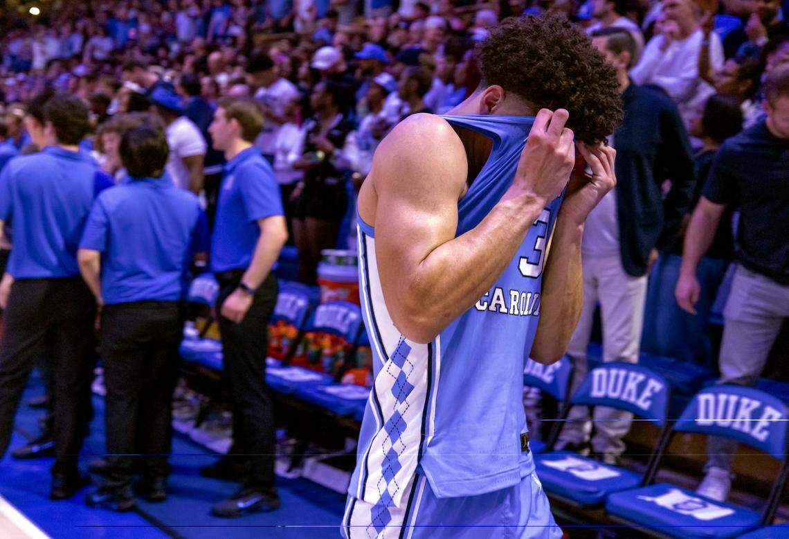 North Carolina guard Derek Dixon (3) leaves the court following the Tar Heels’ 76-61 loss to Duke on Saturday, March 7, 2026 at Cameron Indoor Stadium in Durham, N.C.