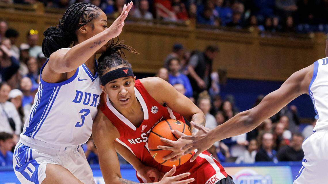 N.C. State’s Aziaha James drives past Duke’s Ashlon Jackson during the first half of the Wolfpack’s game on Sunday, Feb. 25, 2024, at Cameron Indoor Stadium in Durham, N.C.