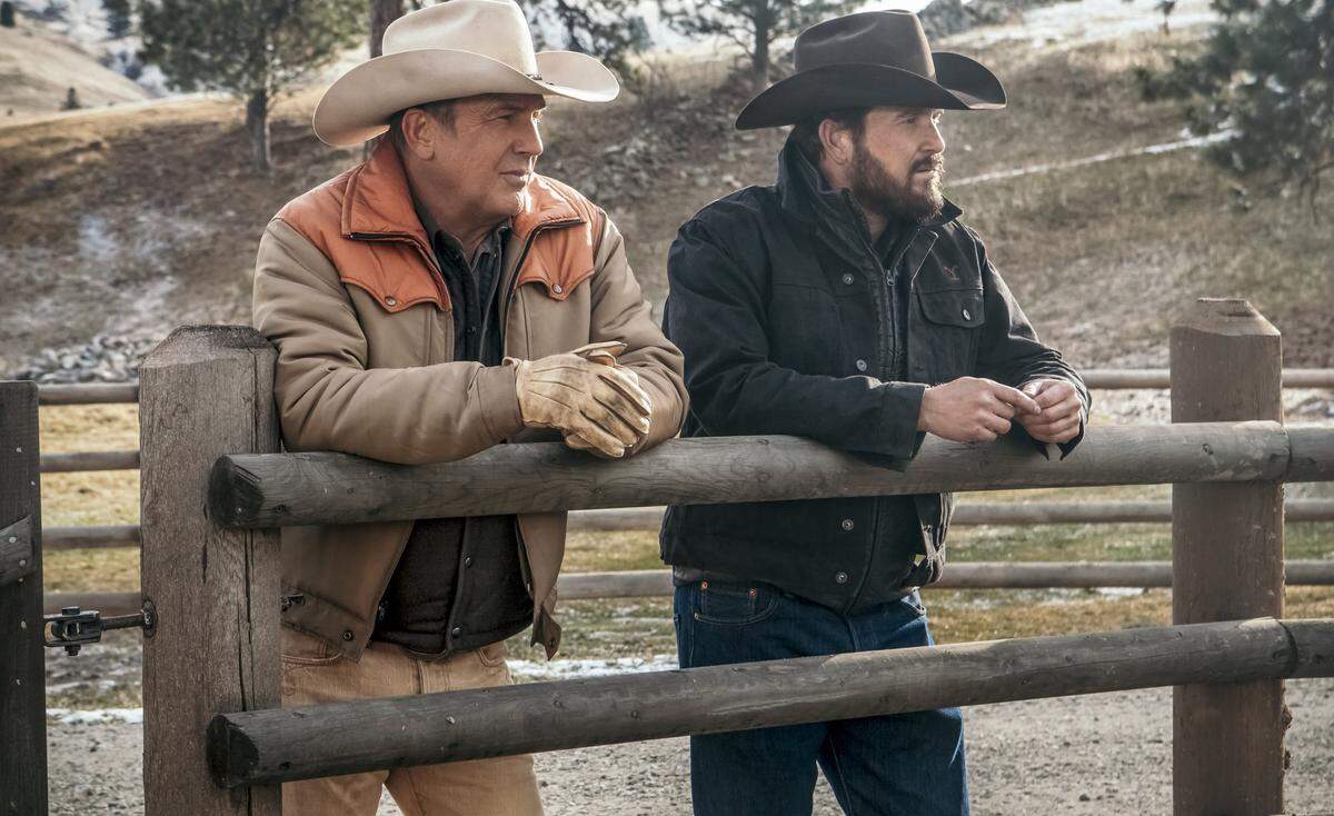 Kevin Costner, left, and Cole Hauser in the Paramount Network series “Yellowstone.”
