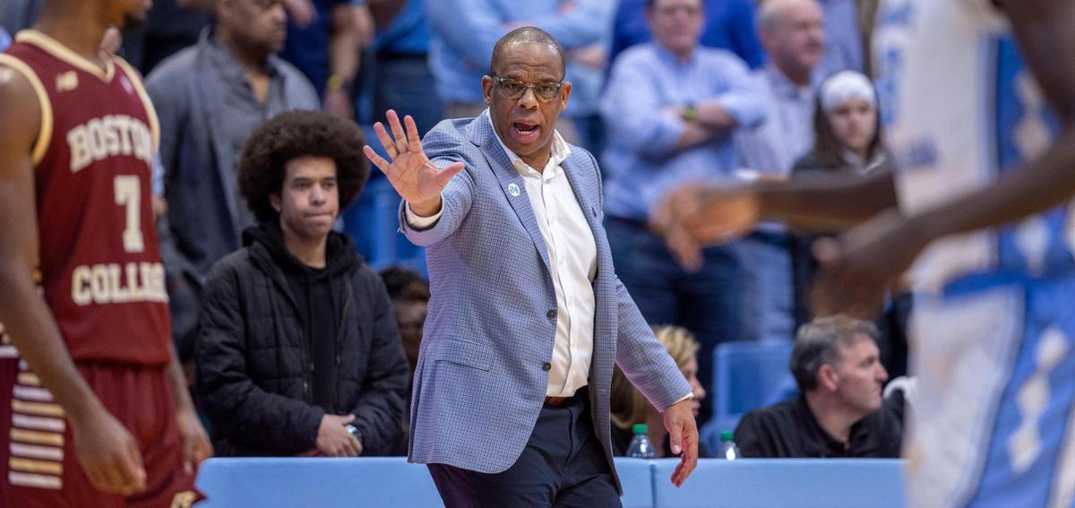 North Carolina coach Hubert Davis directs his team on offense during the final seconds of the second half on Saturday, January 25, 2025 at the Smith Center in Chapel Hill, N.C.