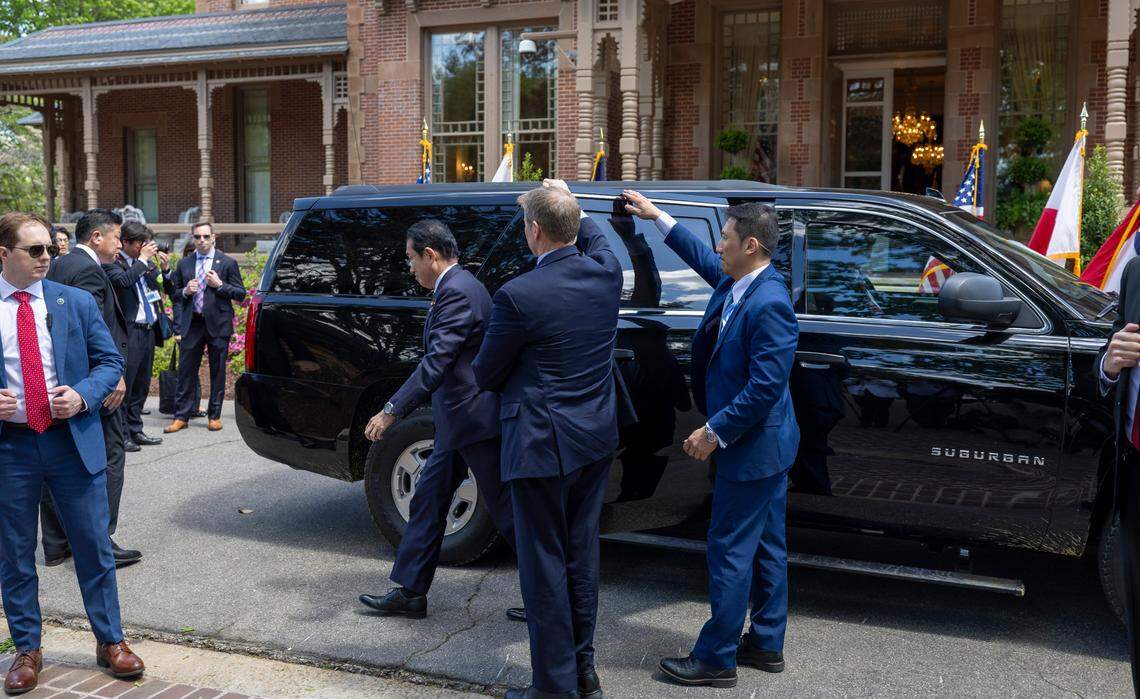Japanese Prime Minister Fumio Kishida steps from his vehicle upon his arrival at the North Carolina Executive mansion for a luncheon in his honor on Friday, April 12, 2024 in Raleigh, N.C.