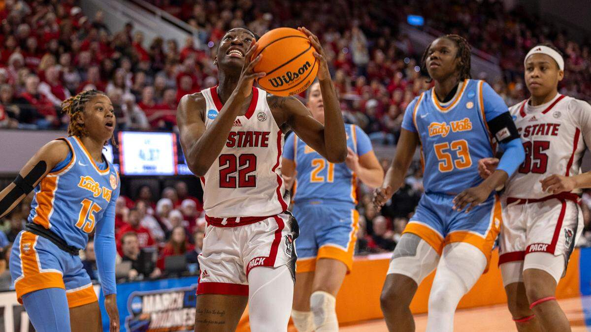 NC State’s Saniya Rivers (22) drives to the basket against Tennessee during the first half of the second round of the Division I Women’s Basketball Championship at Reynolds Coliseum in Raleigh, North Carolina, on March 25, 2024.