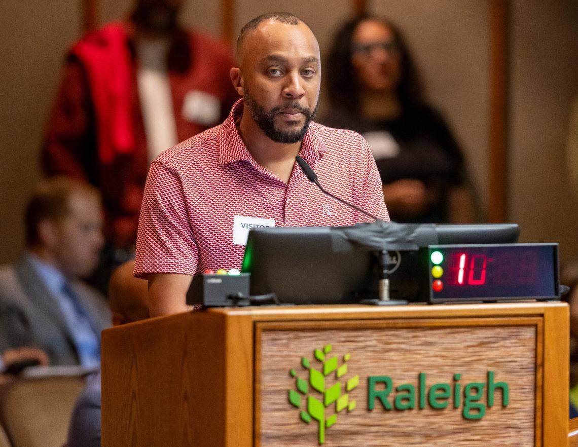 Matt Coleman, owner of The Davie, speaks in favor of closing South Street during a pubic hearing at the Raleigh City Council meeting on Tuesday, Sept. 17, 2024.