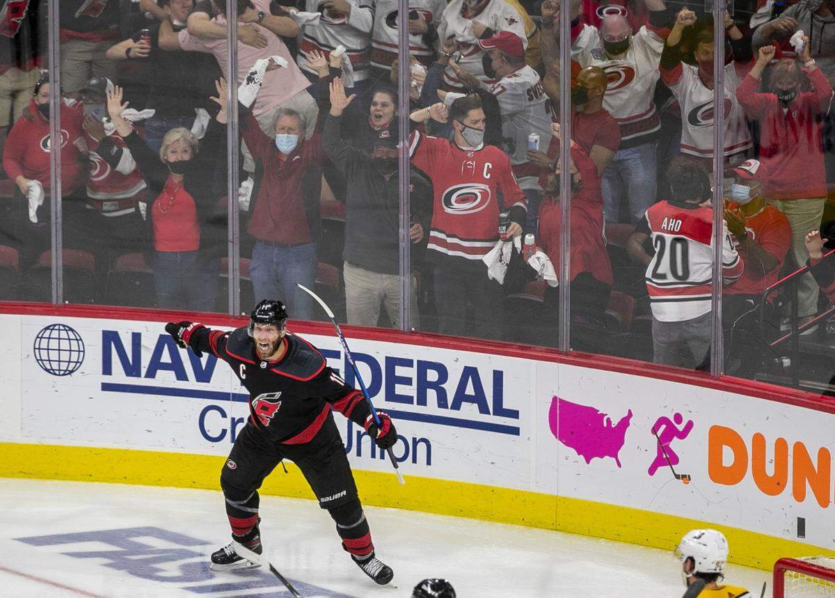Carolina Hurricanes’ Jordan Staal (11) reacts after scoring in overtime to secure a 3-2 victory over Nashville in game five of their first round Stanley Cup Series on Tuesday, May 25, 2021 at PNC Arena in Raleigh, N.C.