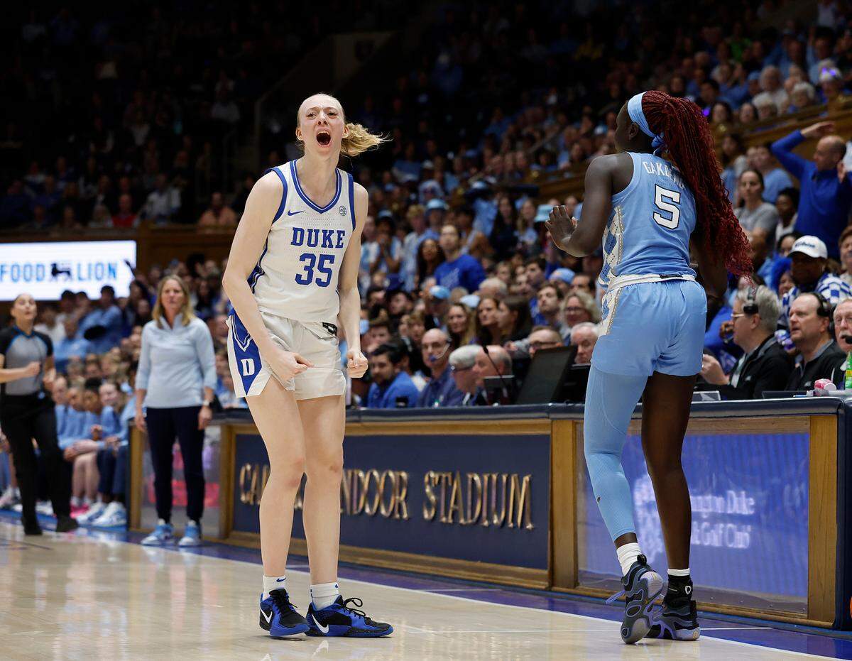 Duke’s Toby Fournier reacts following a North Carolina turnover during the second half of the Blue Devils’ 68-53 win on Thursday, Feb. 27, 2025, at Cameron Indoor Stadium in Durham, N.C.