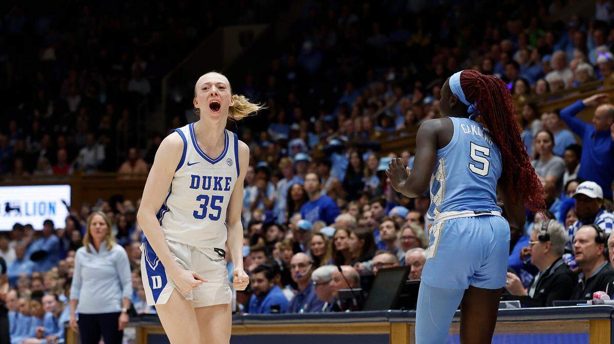 Duke’s Toby Fournier reacts following a North Carolina turnover during the second half of the Blue Devils’ 68-53 win on Thursday, Feb. 27, 2025, at Cameron Indoor Stadium in Durham, N.C.