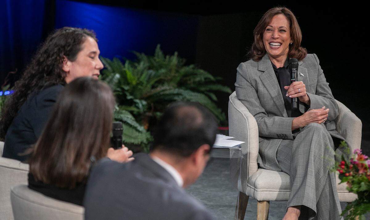 Vice President Kamala Harris speaks during a panel discussion on small businesses with Vicky Garcia, Isabella Casillas Guzman and Jorge Buzo in the Fletcher Theatre at the Duke Energy Performing Arts on Monday, January 30, 2023 in Raleigh, N.C.