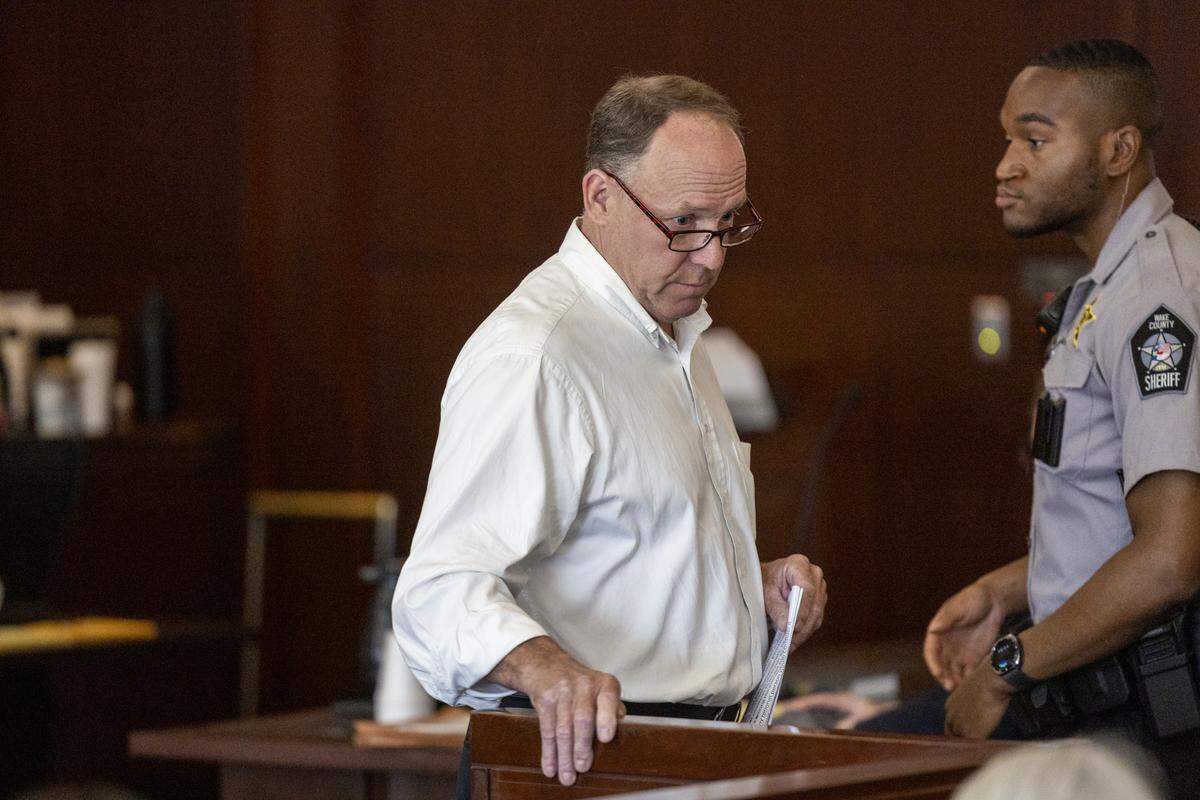 David Millette Sr., father of David Millette Jr., returns to a seat in the courtroom after delivering a victim impact statement during the sentencing hearing for Tyrell Moore on Monday, June 1, 2026, at the Wake County Justice Center in Raleigh. Moore pleaded guilty earlier this year to voluntary manslaughter in the death of David Millette Jr., who died after Moore struck him during a confrontation in Raleigh's Glenwood South district in August 2023.