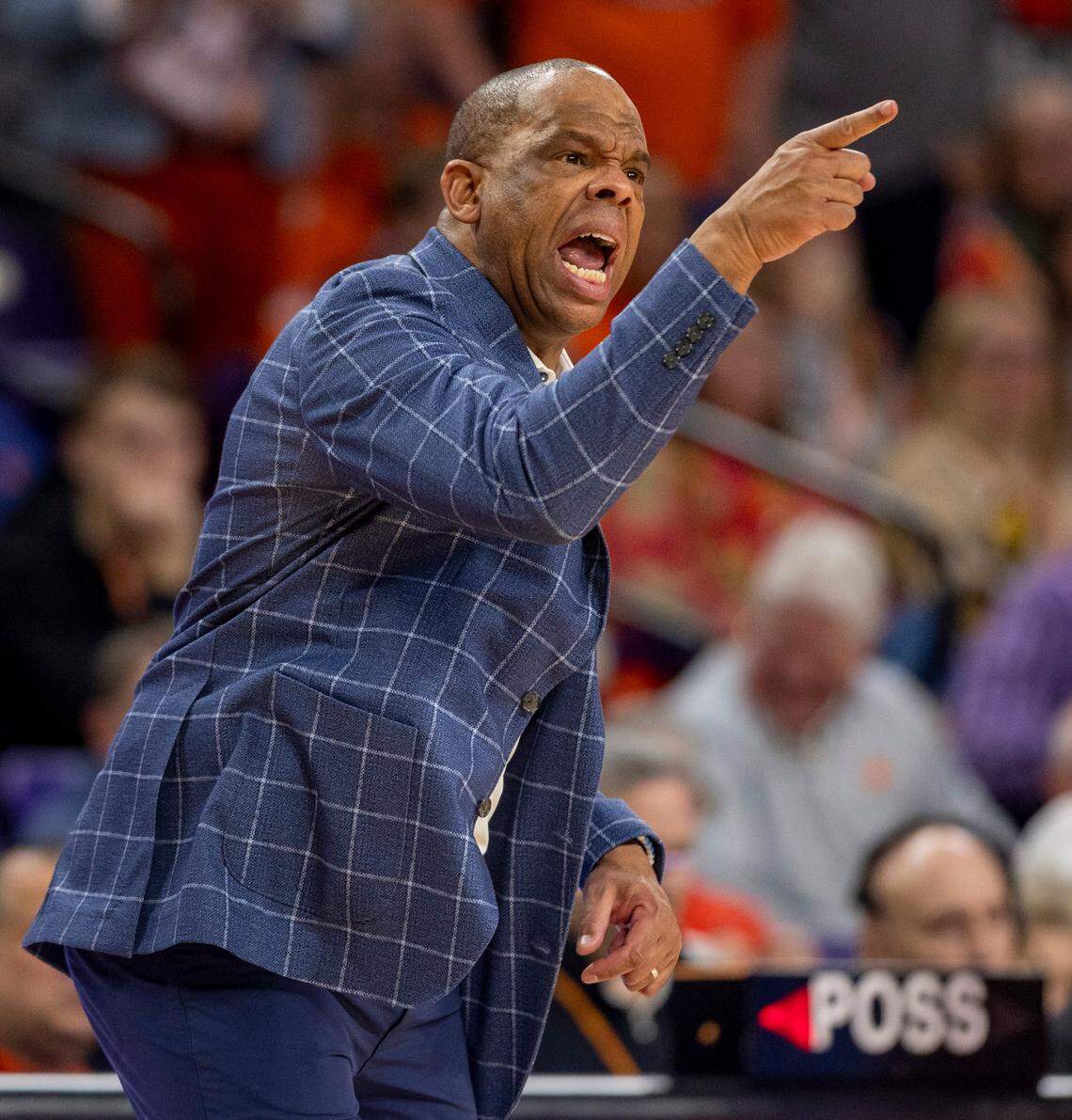 North Carolina coach Hubert Davis directs his players during the second half against Clemson on Saturday, January 6, 2024 at Littlejohn Coliseum in Clemson, S.C.