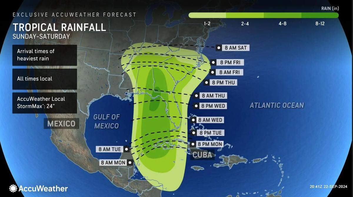 The exclusive AccuWeather forecast, as of Sept. 23, showing expected rainfall as a result of Tropical Cyclone 9.