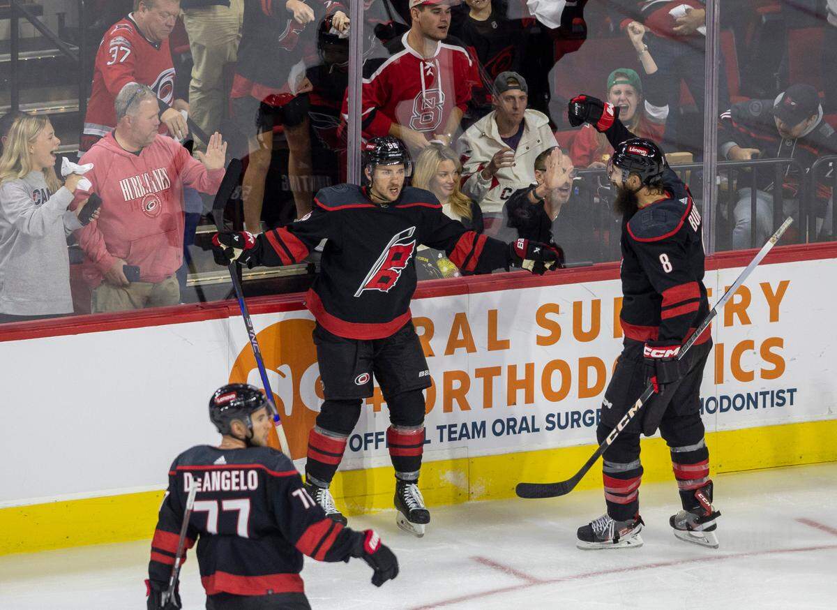 The Carolina Hurricanes Michael Bunting (58) reacts after scoring to tie Ottawa 1-1 in the second period on Wednesday, October 11, 2023 at PNC Arena, in Raleigh N.C.