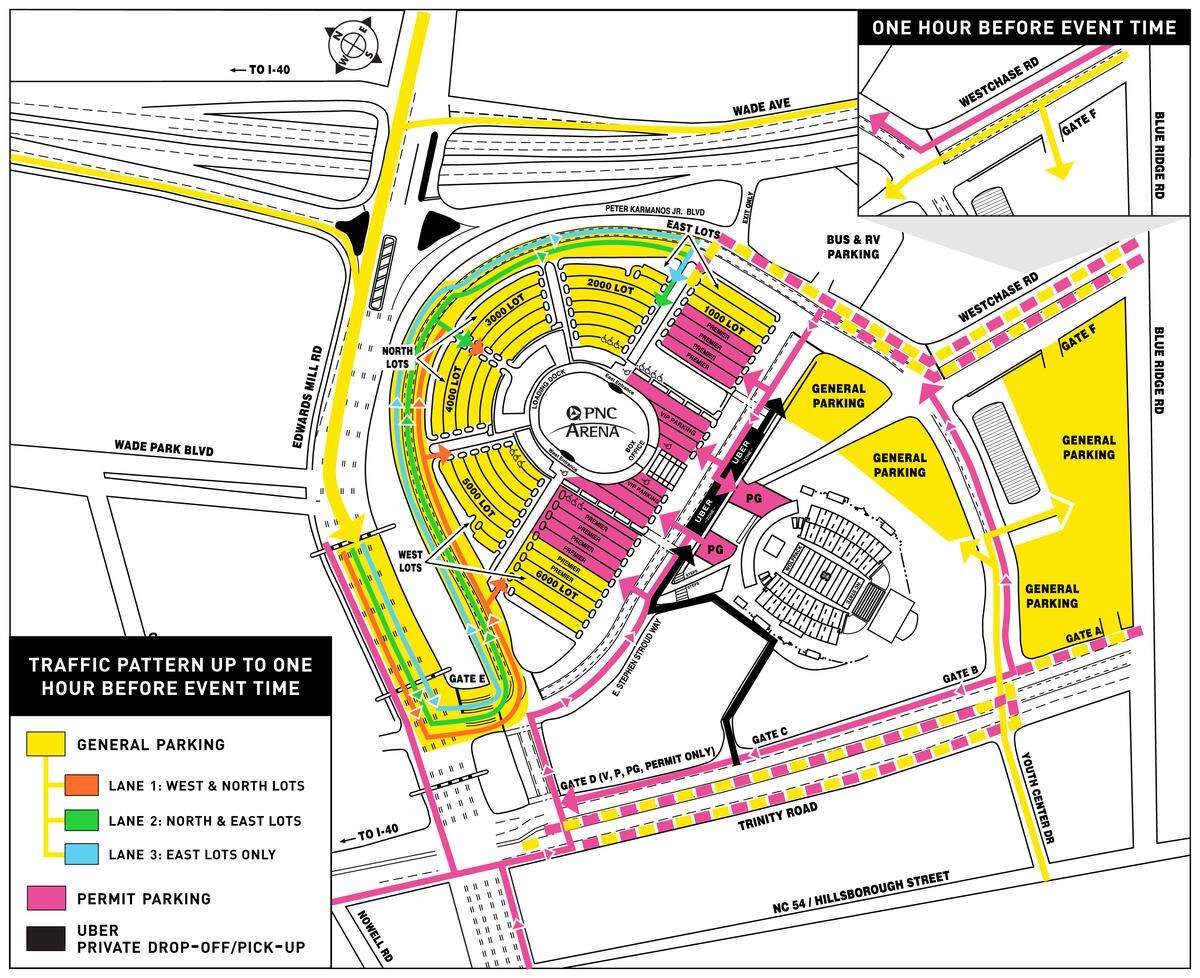 The parking map for PNC Arena when the four primary entrances are open. About an hour before Monday’s playoff game between the Carolina Hurricanes and Washington Capitals, the Edwards Mill Rd. entrance was closed off because the main lot had reached its capacity.