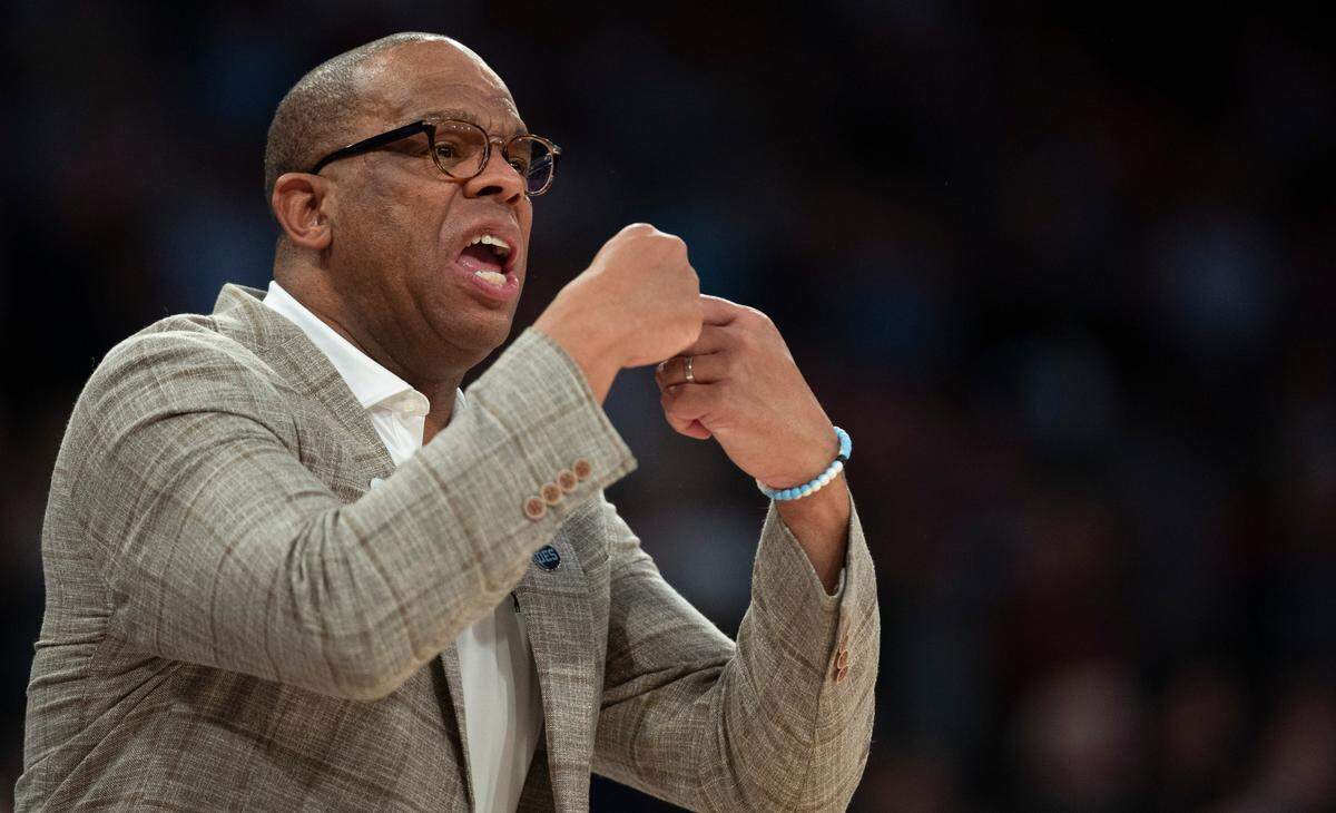 North Carolina coach Hubert Davis directs his team on defense during the first half against Connecticut in the Jimmy V Classic on Tuesday, December 5, 2023 at Madison Square Garden in New York, NY.