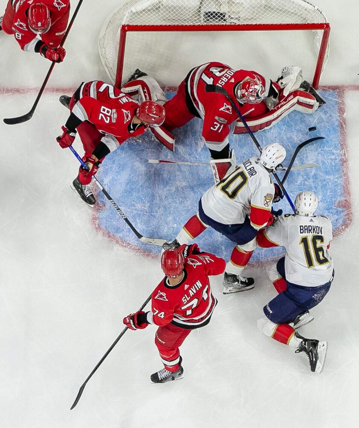 Carolina Hurricanes goalie Frederik Andersen (31) stops a scoring attempt by the Florida Panthers Anthony Duclair (10) in the first period during Game 1 of the Eastern Conference Finals on Friday, May 19, 2023 at PNC Arena in Raleigh, N.C.