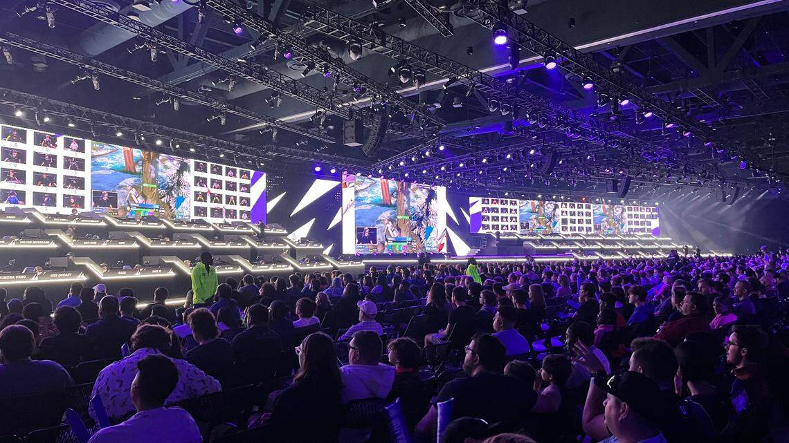 Fans of the globally popular video game Fortnite watch as the top 100 players from around the world compete during the Fornite Champion Series Invitational tournament in Raleigh, N.C. on Saturday, Nov. 12, 2022.
