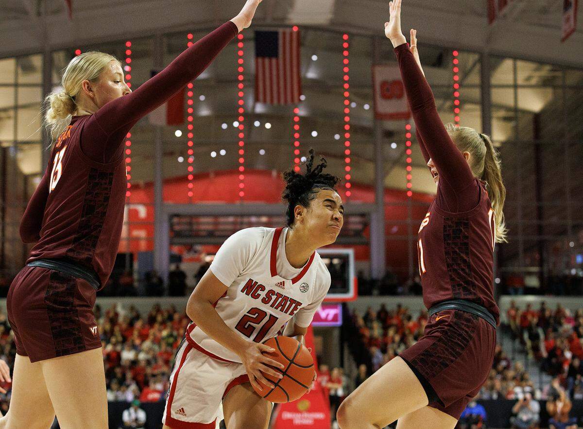N.C. State’s Madison Hayes drives to the basket during the first half of the Wolfpack’s game against Virginia Tech on Thursday, Feb. 8, 2024, at Reynolds Coliseum in Raleigh, N.C.