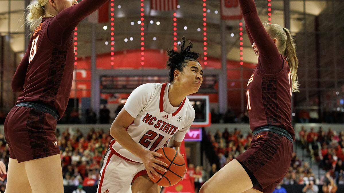 N.C. State’s Madison Hayes drives to the basket during the first half of the Wolfpack’s game against Virginia Tech on Thursday, Feb. 8, 2024, at Reynolds Coliseum in Raleigh, N.C.