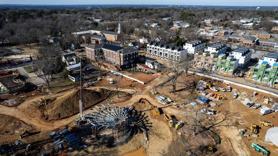 A seven acre central park in downtown Cary is under construction between South Academy, East Park, Walnut and Walker streets. The nearly $70 million project will include a “grab-and-go market,” a dog park, a children’s play area, an elevated Sky Walk and a performance pavilion.