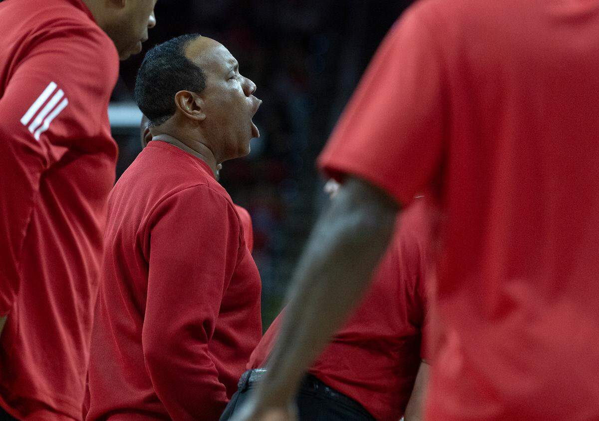N.C. State head coach Kevin Keatts speaks with his team during a timeout during the second half of the Wolfpack’s season opener against the Citadel on Monday, Nov. 6, 2023, at PNC Arena in Raleigh, N.C.