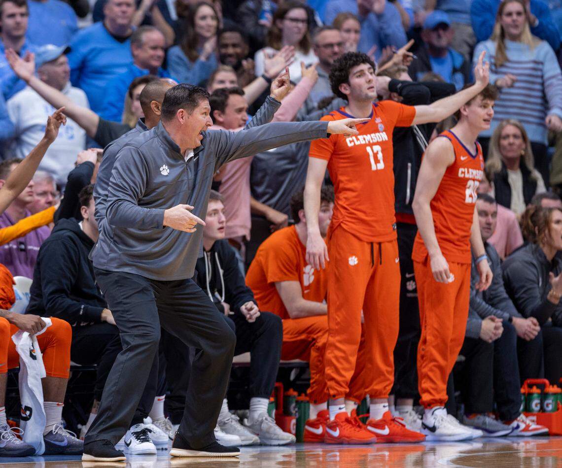 Clemson coach Brad Brownell reacts during the second half against North Carolina on Tuesday, February 6, 2024 at the Dean E. Smith Center in Chapel Hill, N.C.