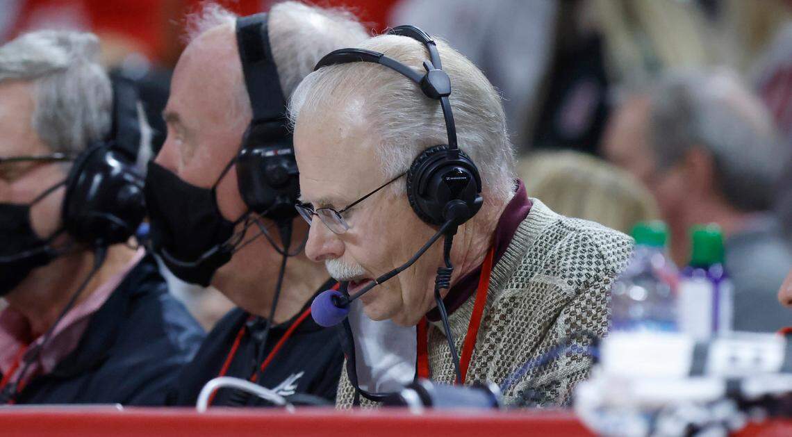 N.C. State radio broadcaster Gary Hahn calls N.C. State’s men’s basketball game against Syracuse at PNC Arena in Raleigh, on Feb. 2, 2022.