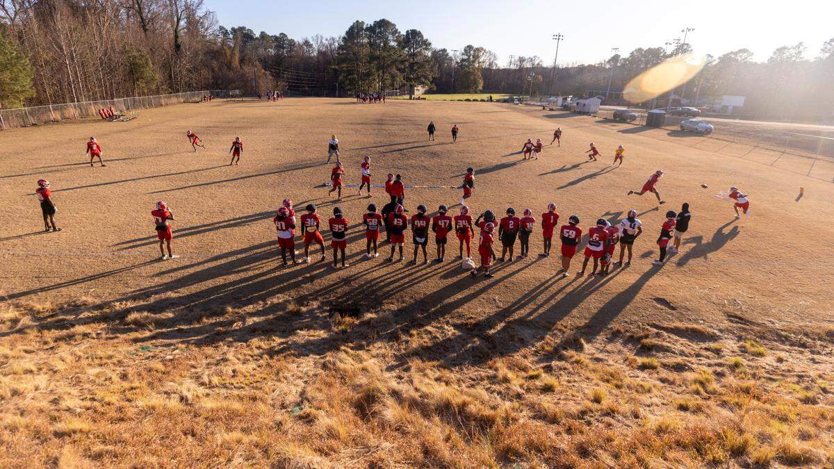 The Louisburg College Football team holds their final practice on Tuesday, Dec. 3, 2004, in Louisburg. The team is heading to the NJCAA National Championship for the first time in the program’s 20-year history.