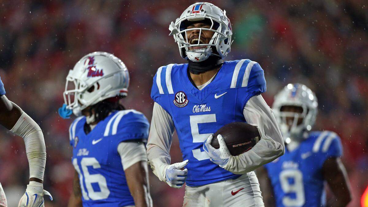 Nov 9, 2024; Oxford, Mississippi, USA; Mississippi Rebels defensive back John Saunders Jr. (5) reacts after an interception during the second half against the Georgia Bulldogs at Vaught-Hemingway Stadium.