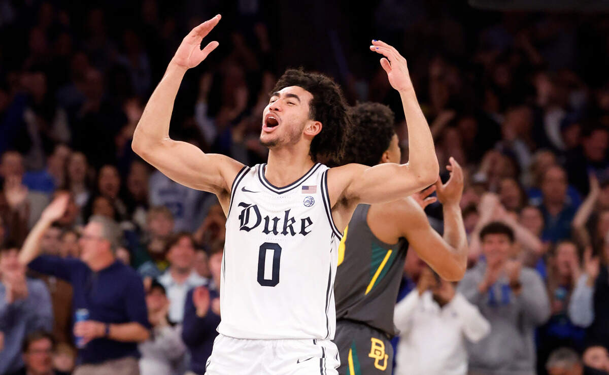 Duke’s Jared McCain (0) celebrates after hitting a three-pointer late in the second half of Duke’s 78-70 victory over Baylor at Madison Square Garden in New York City Wednesday, Dec. 20, 2023.