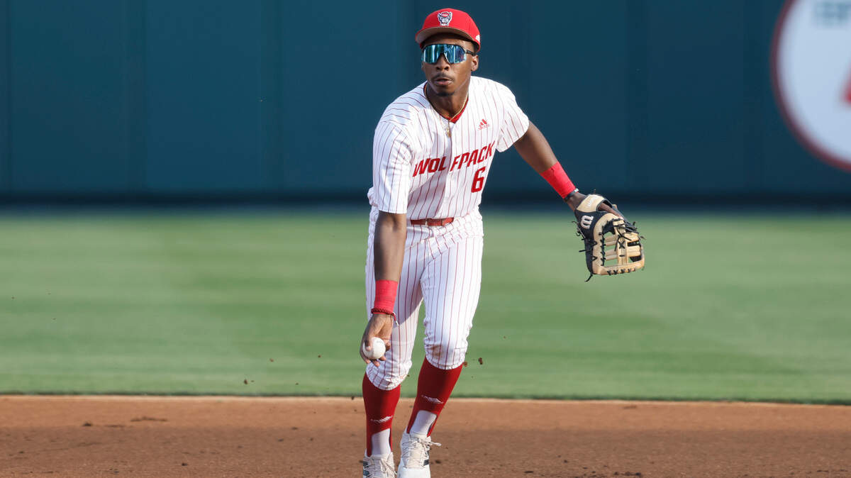 N.C. State’s LuJames Groover III (6) field the ball during N.C. State’s game against UNC at Doak Field in Raleigh, N.C., Friday, May 6, 2022.