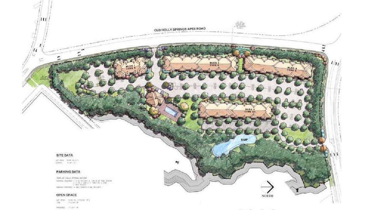 Plans for Holly Springs Apartments include four residential buildings and one clubhouse with a recreational area and amenities.