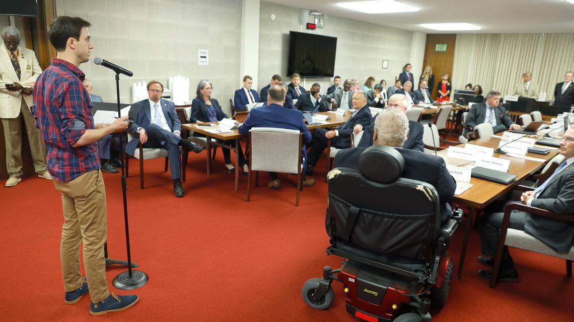 Tyler Beall of Greensboro speaks out against HB755, the “Parents’ Bill of Rights,” during a N.C. Senate Rules Committee meeting at the Legislative Building in Raleigh, N.C., Tuesday, May 31, 2022.