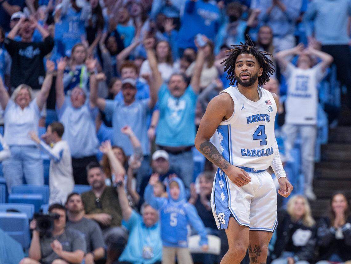 North Carolina’s R.J. Davis (4) reacts after scoring a three-point basket to give the Tar Heels’ a 74-65 lead in the closing minutes of play against Florida State on Saturday, December 2, 2023 at the Smith Center in Chapel Hill, N.C.