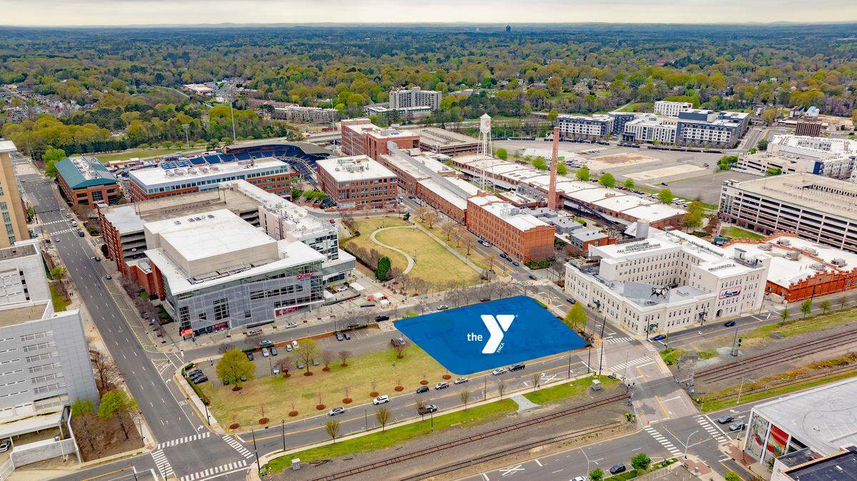An aerial photo of a .79- acre property at the corner of Blackwell and W. Pettigrew streets, which will be the new home of downtown Durham’s YMCA.