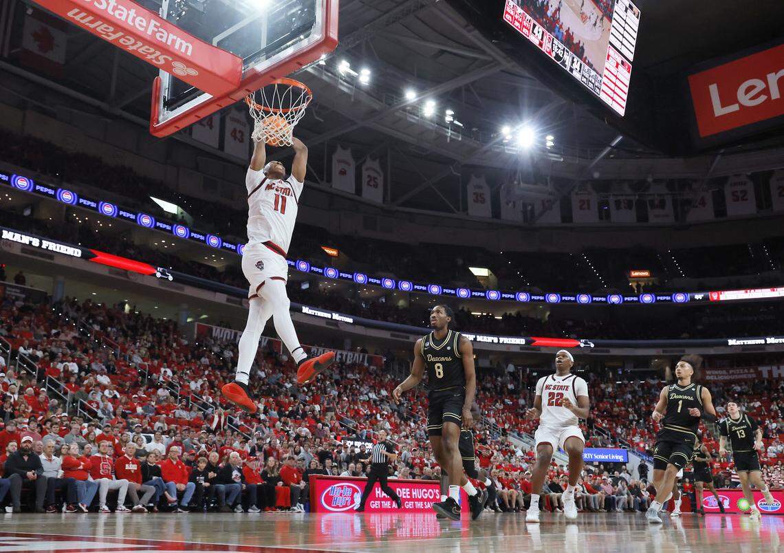 N.C. State’s Quadir Copeland slams in two during the second half of the Wolfpack’s 70-57 win over Wake Forest on Wednesday, Dec. 31, 2025, at Lenovo Center in Raleigh, N.C.