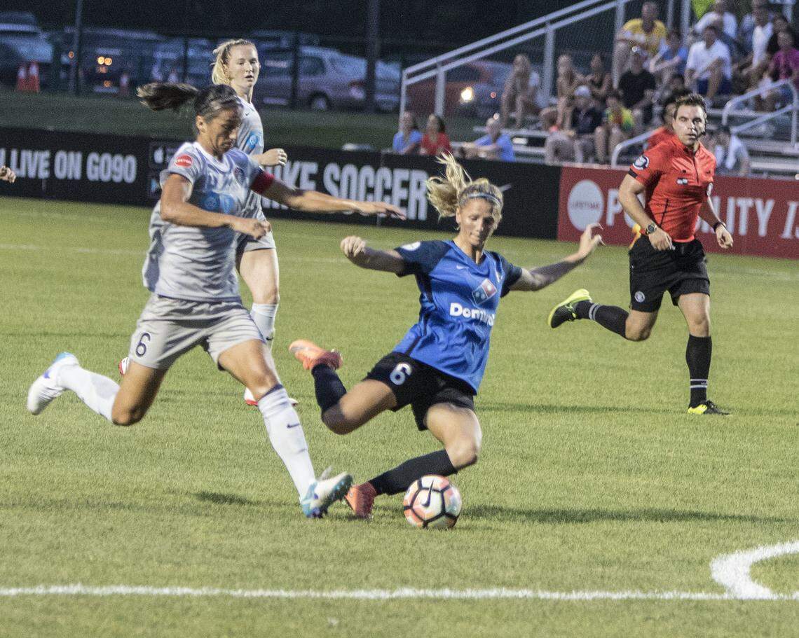 FCKC’s Katie Bowen was fouled on this shot by North Carolina’s Abby Erceg at the soccer match between FC Kansas City and the North Carolina Courage at Swope Park Soccer Village in Kansas City, Mo. on July 22, 2017.
