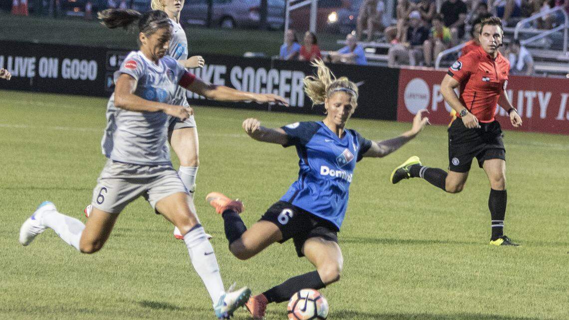 FCKC’s Katie Bowen was fouled on this shot by North Carolina’s Abby Erceg at the soccer match between FC Kansas City and the North Carolina Courage at Swope Park Soccer Village in Kansas City, Mo. on July 22, 2017.