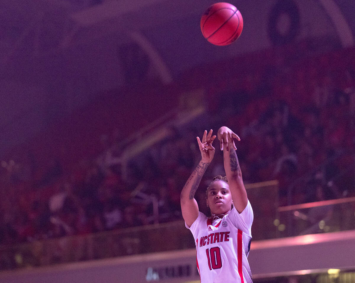 N.C. State’s Aziaha James puts up a shot during the “Primetime with the Pack” preseason event on Thursday, Oct. 26, 2023, at Reynolds Coliseum in Raleigh, N.C.