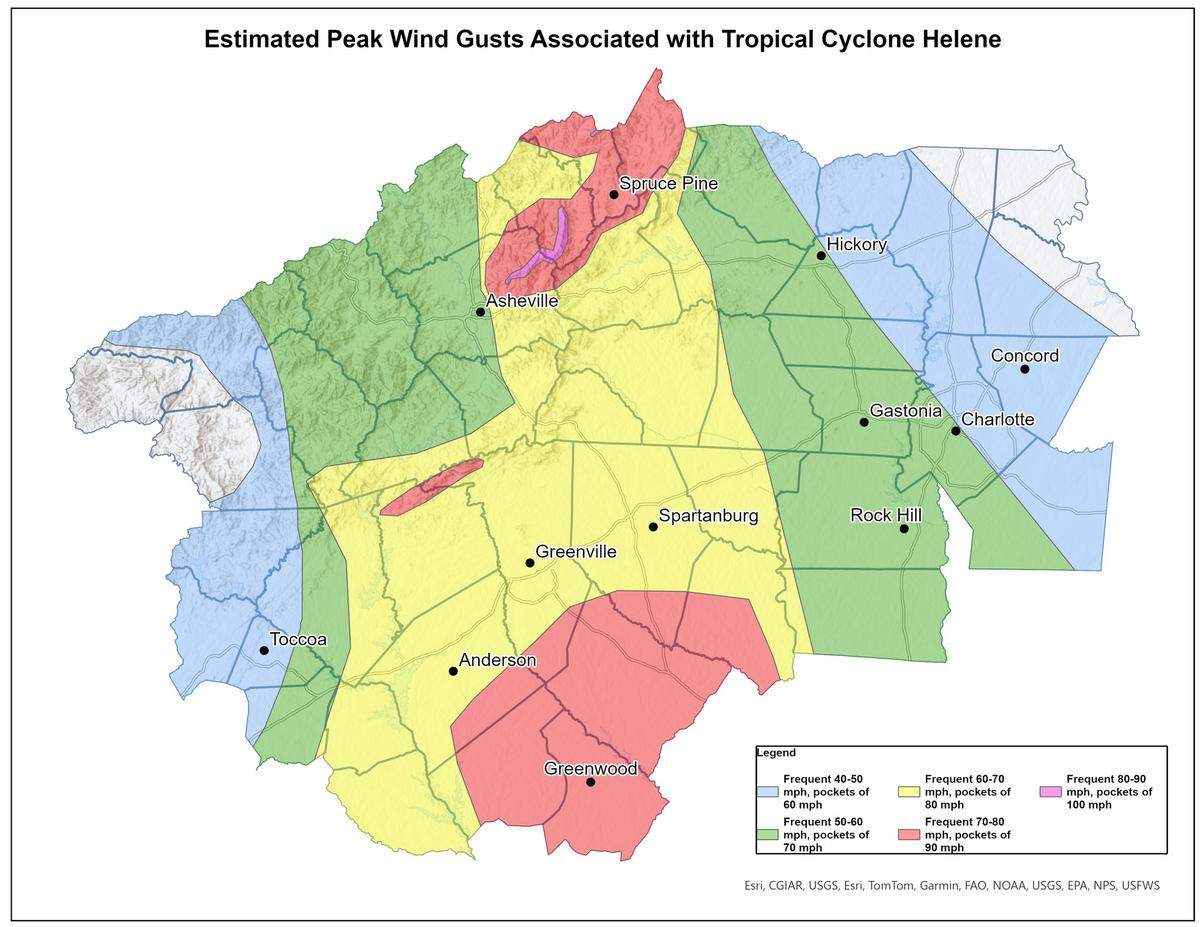 The National Weather Service found that Helene brought winds of 40 mph to 90 mph across the North Carolina mountains. In two spots, there were pockets of 100-mph wind gusts.