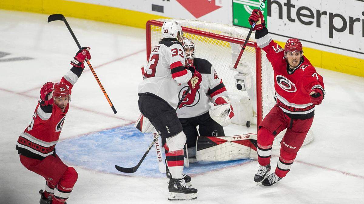 The Carolina Hurricanes Jesper Fast (71) scores the game winning goal in overtime, securing a 3-2 victory in Game 5 and clinching their second round Stanley Cup playoff series on Thursday, May 11, 2023 at PNC Arena in Raleigh, N.C.