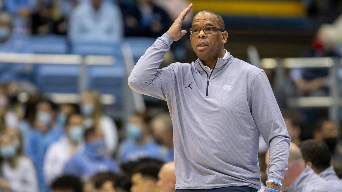 North Carolina coach Hubert Davis directs his team on offense in the first half against Furman on Tuesday, December 14, 2021 at the Smith Center in Chapel Hill, N.C