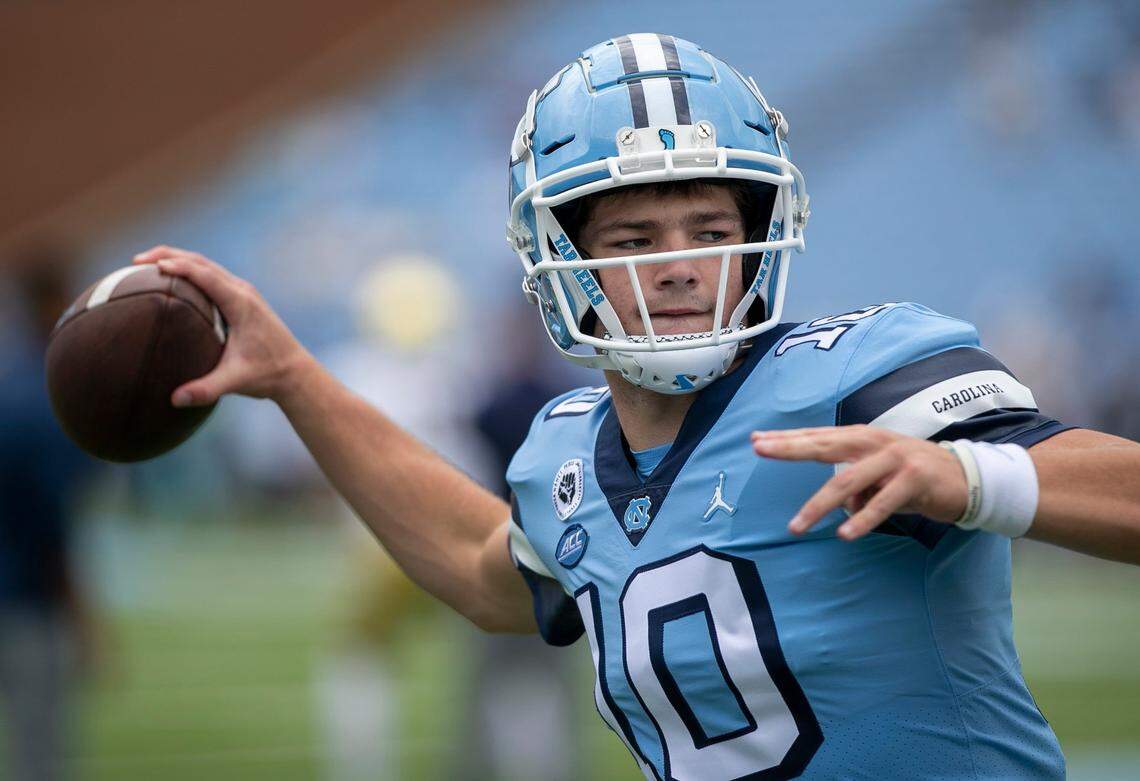 North Carolina quarterback Drake Maye (10) warms up for the Tar Heels’ game against Notre Dame on Saturday, September 24, 2022 at Kenan Stadium in Chapel Hill, N.C.