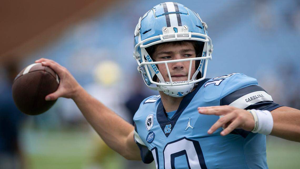 North Carolina quarterback Drake Maye (10) warms up for the Tar Heels’ game against Notre Dame on Saturday, September 24, 2022 at Kenan Stadium in Chapel Hill, N.C.