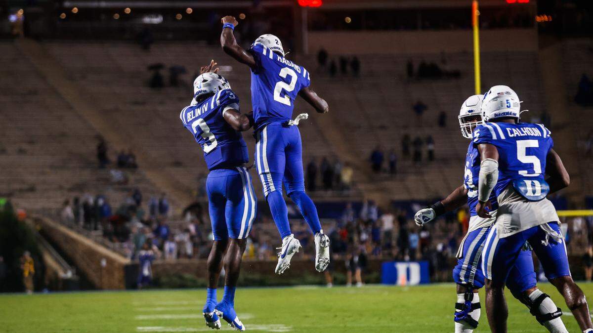 Sep 9, 2023; Durham, North Carolina, USA; Duke Blue Devils wide receiver Sahmir Hagans (2) and Duke Blue Devils quarterback Henry Belin IV (3) celebrate a touchdown during the second half against Lafayette at Wallace Wade Stadium.