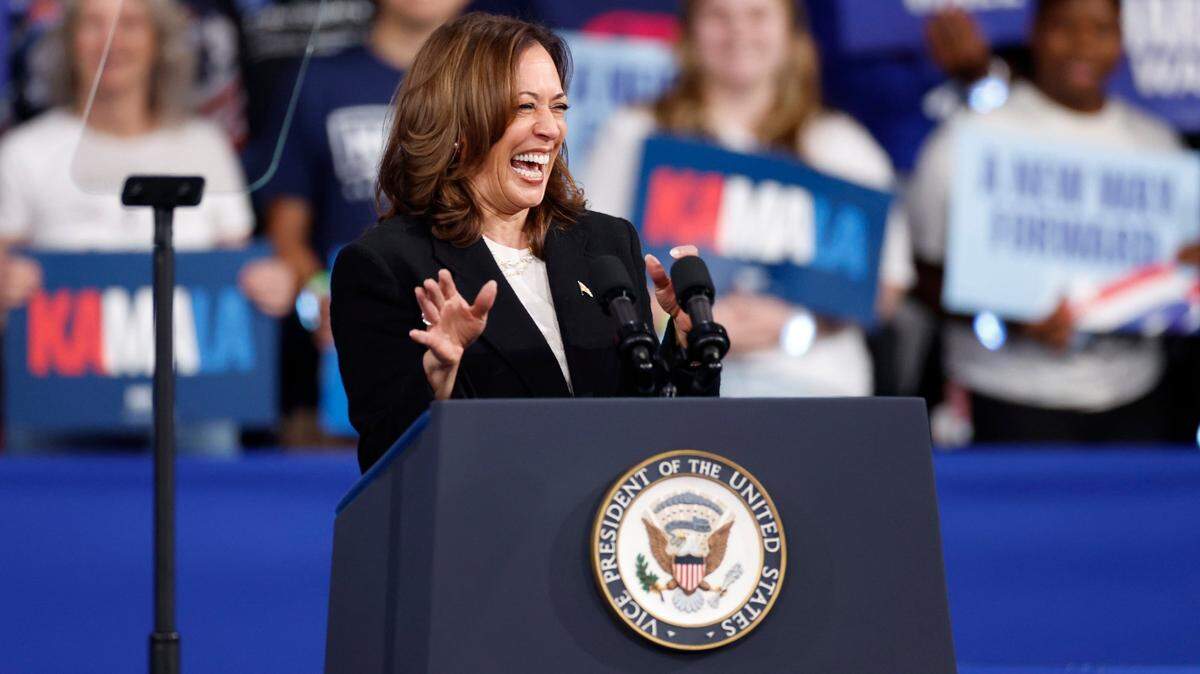 Vice President and democratic nominee for president Kamala Harris laughs while speaking during a rally at the Greensboro Coliseum in Greensboro, N.C., Thursday, Sept. 12, 2024.
